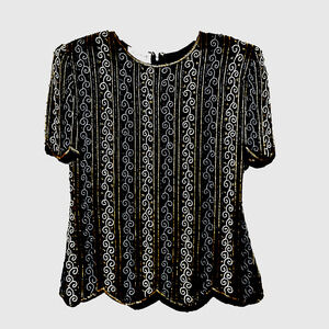 Vintage Stenay Black Silk Blouse Beaded ~ Size S